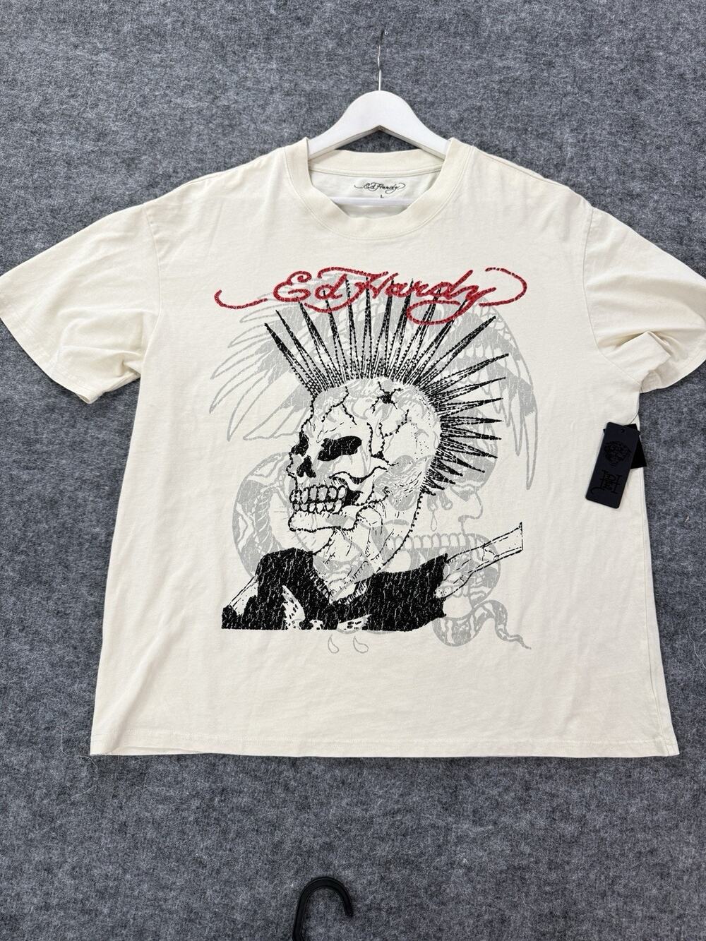 Ed Hardy Shirt Mens Large T Shirt Tee Skull Beaded Sequin Ivory Short Sleeve N67